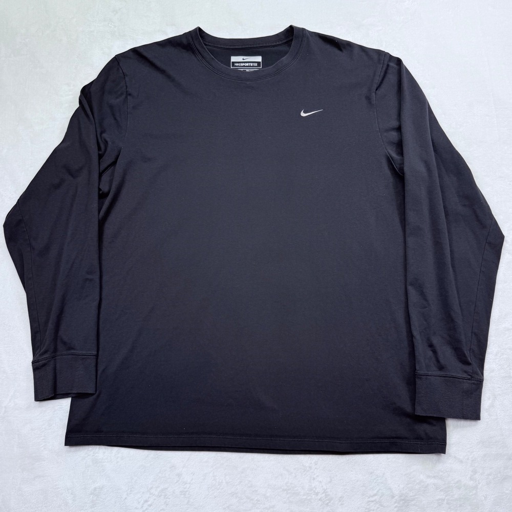 Nike Sport Tee Mens‎ XL Black Long Sleeve Nike Fit Dry Cotton Blend Swoosh Shirt